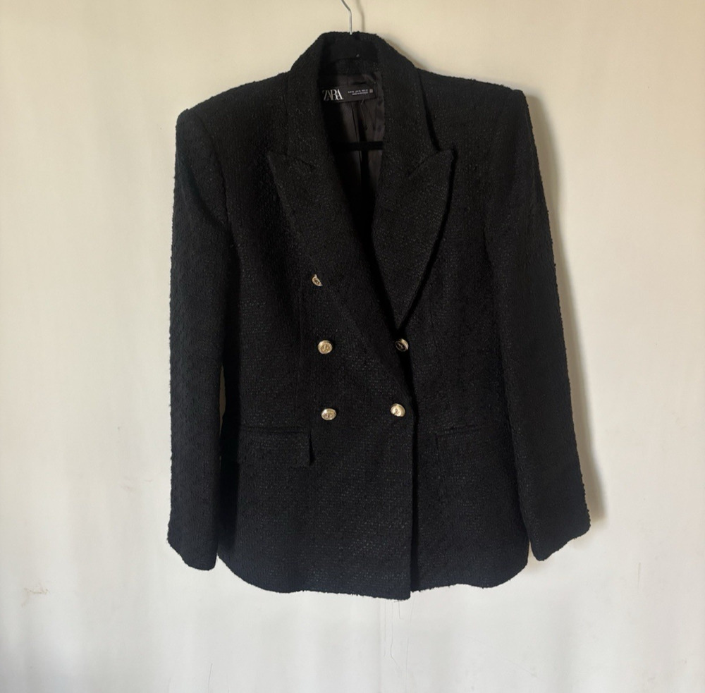 Zara Blazer Jacket XL Black Double Breast gold Buttons Tweed Womens